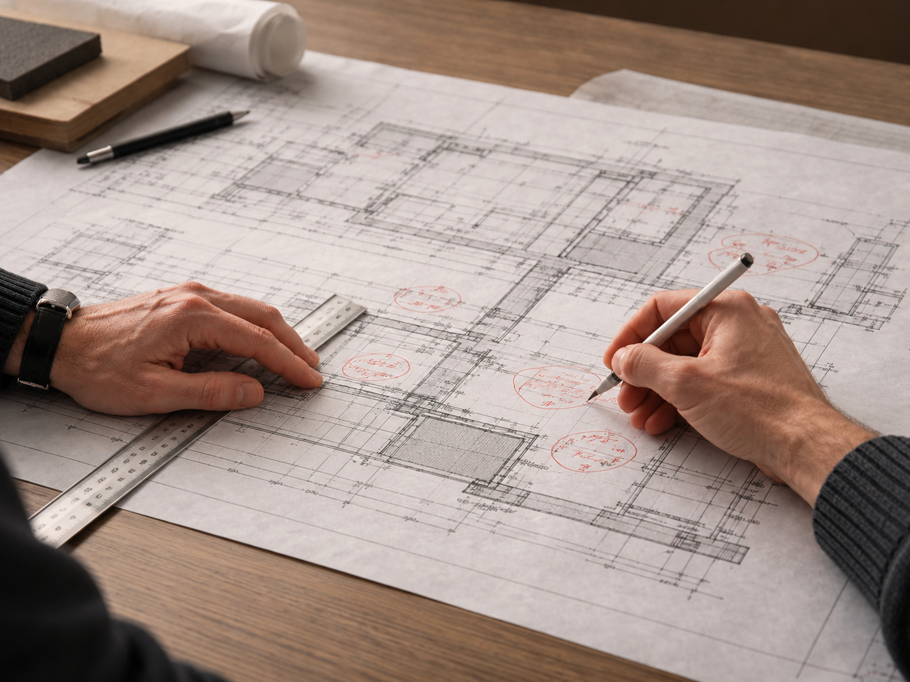 Illustrative review of architectural drawings with a scale ruler and annotated plans